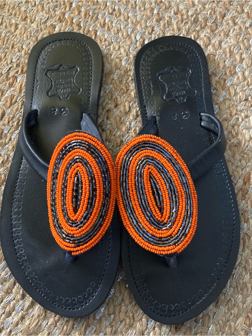 Handmade African Maasai Beaded Leather Sandals Orange & Black Size 38 (US 7.5-8)
